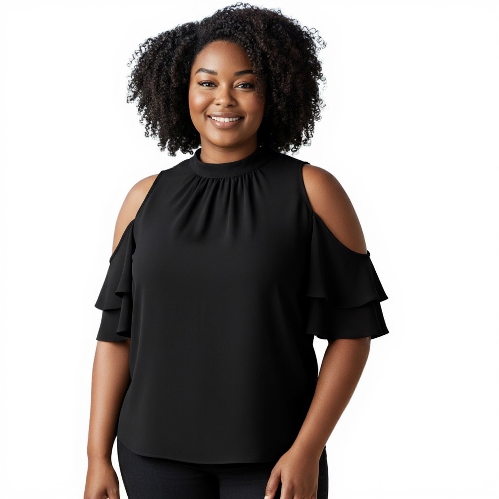 Chigant XL Black Cold Shoulder Ruffle Sleeve Blouse Lightweight Semi Sheer Top